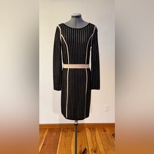 Calvin Klein Black Knit Long-Sleeve Sweater Dress with Tan Trim
